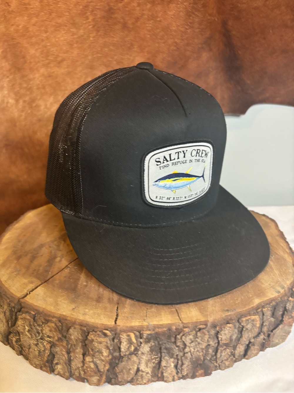 Salty Crew Tuna Patch Trucker Hat | Black Mesh Snapback Fishing Coastal Cap